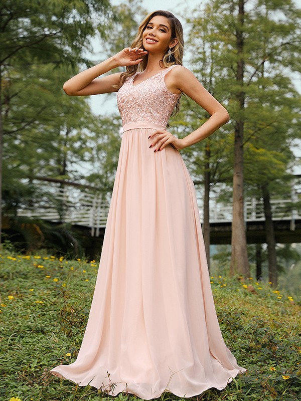 A-Line/Princess Chiffon Lace V-neck Sleeveless Floor-Length Bridesmaid Dresses 2152