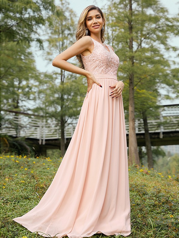 A-Line/Princess Chiffon Lace V-neck Sleeveless Floor-Length Bridesmaid Dresses 2152