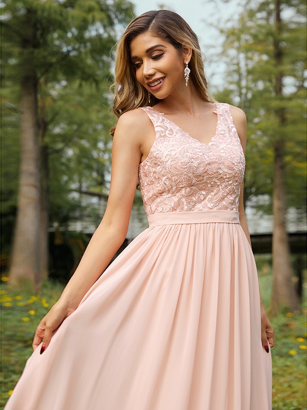 A-Line/Princess Chiffon Lace V-neck Sleeveless Floor-Length Bridesmaid Dresses 2152