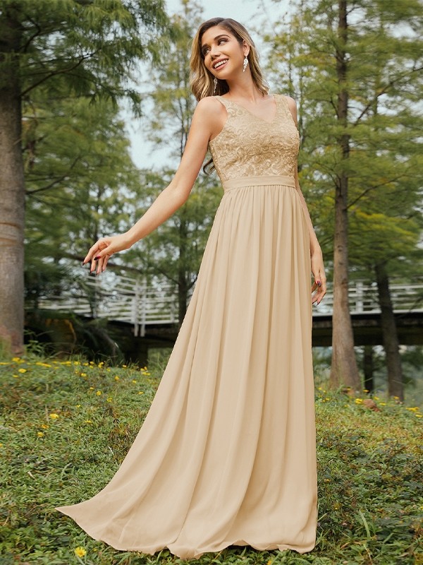 A-Line/Princess Chiffon Lace V-neck Sleeveless Floor-Length Bridesmaid Dresses 2152