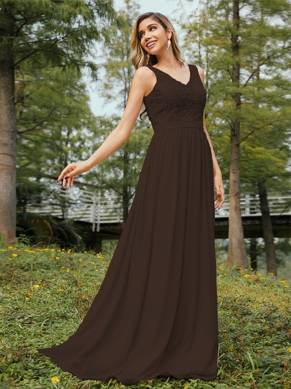 A-Line/Princess Chiffon Lace V-neck Sleeveless Floor-Length Bridesmaid Dresses 2152