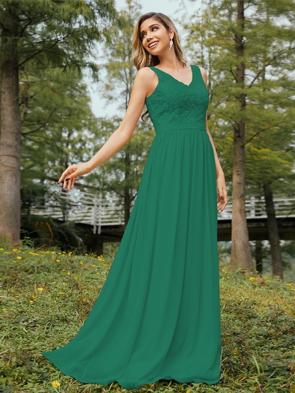 A-Line/Princess Chiffon Lace V-neck Sleeveless Floor-Length Bridesmaid Dresses 2152