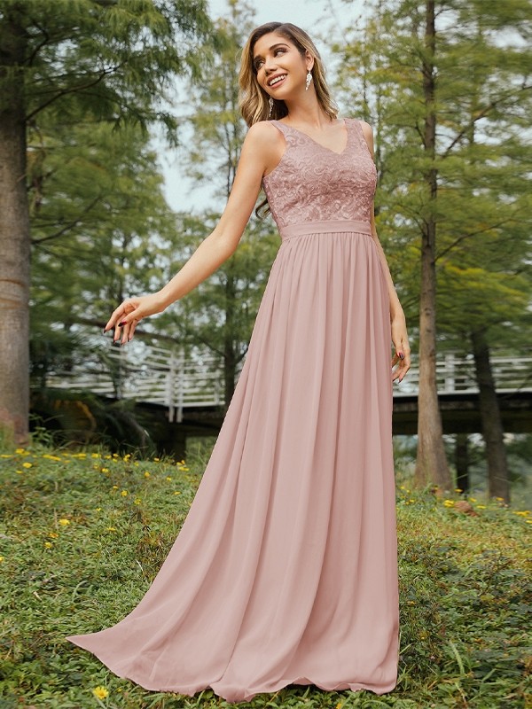 A-Line/Princess Chiffon Lace V-neck Sleeveless Floor-Length Bridesmaid Dresses 2152