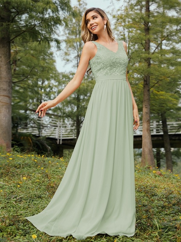 A-Line/Princess Chiffon Lace V-neck Sleeveless Floor-Length Bridesmaid Dresses 2152