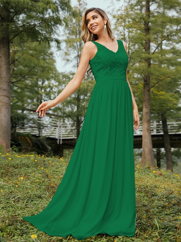 A-Line/Princess Chiffon Lace V-neck Sleeveless Floor-Length Bridesmaid Dresses 2152