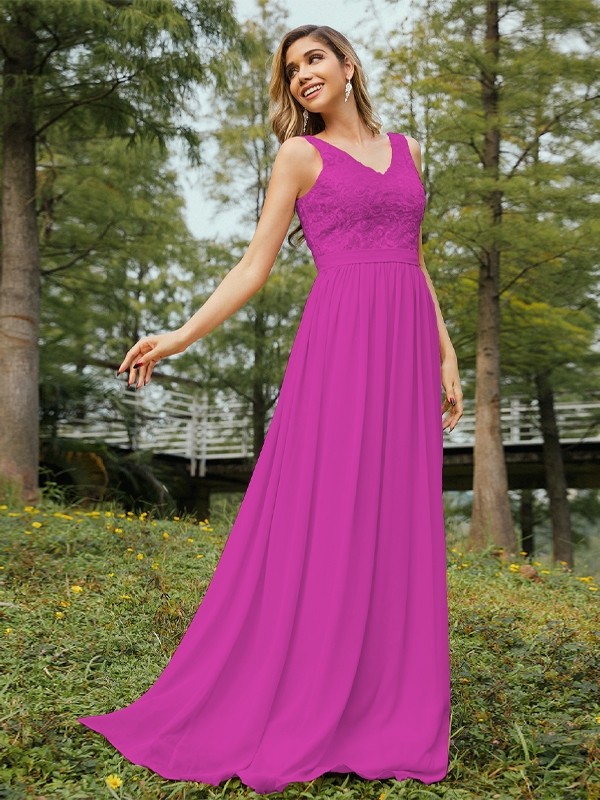 A-Line/Princess Chiffon Lace V-neck Sleeveless Floor-Length Bridesmaid Dresses 2152