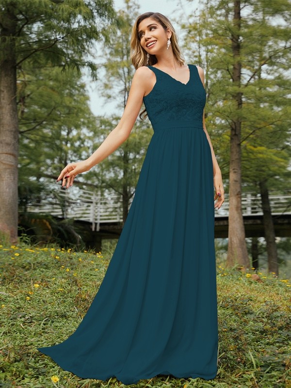 A-Line/Princess Chiffon Lace V-neck Sleeveless Floor-Length Bridesmaid Dresses 2152