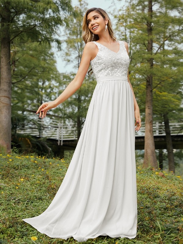 A-Line/Princess Chiffon Lace V-neck Sleeveless Floor-Length Bridesmaid Dresses 2152