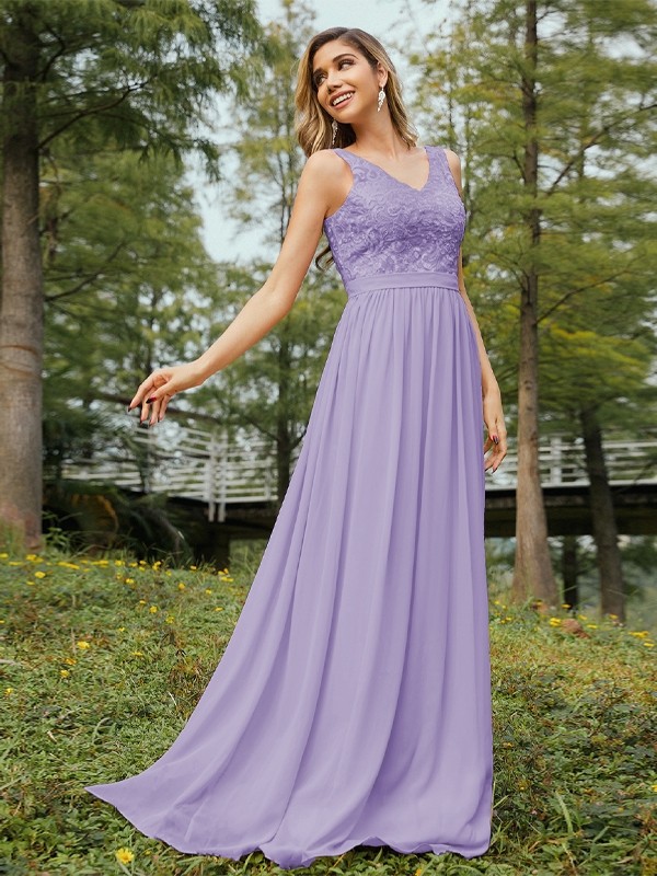 A-Line/Princess Chiffon Lace V-neck Sleeveless Floor-Length Bridesmaid Dresses 2152