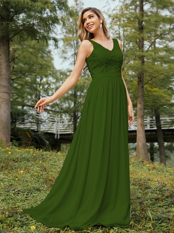 A-Line/Princess Chiffon Lace V-neck Sleeveless Floor-Length Bridesmaid Dresses 2152