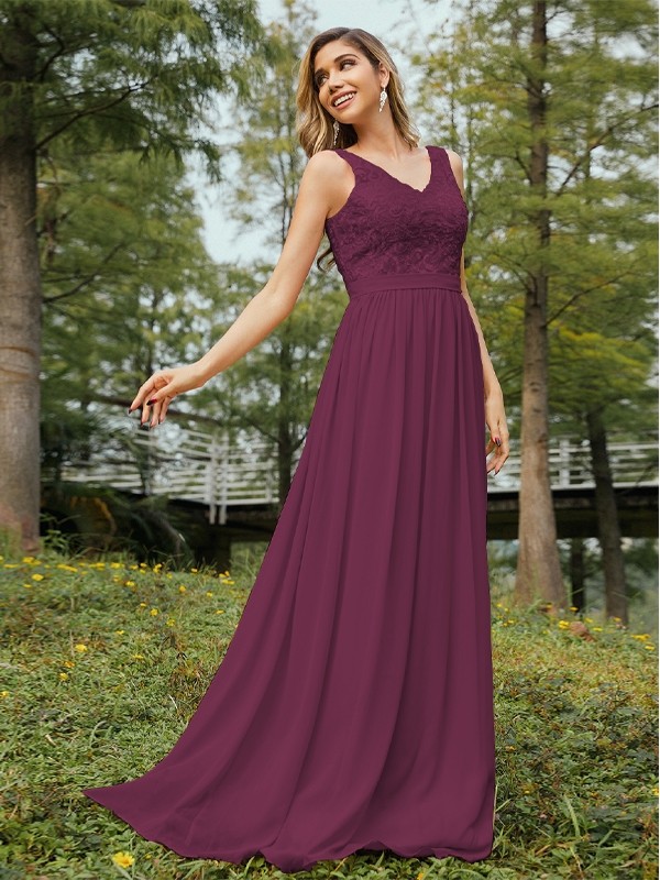 A-Line/Princess Chiffon Lace V-neck Sleeveless Floor-Length Bridesmaid Dresses 2152