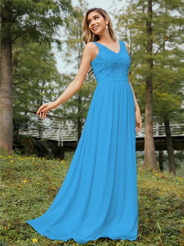 A-Line/Princess Chiffon Lace V-neck Sleeveless Floor-Length Bridesmaid Dresses 2152