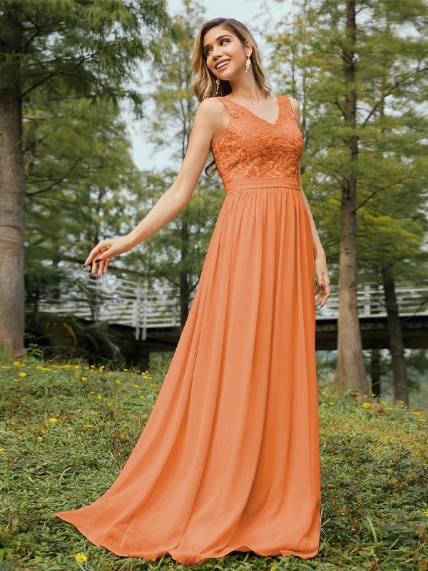 A-Line/Princess Chiffon Lace V-neck Sleeveless Floor-Length Bridesmaid Dresses 2152