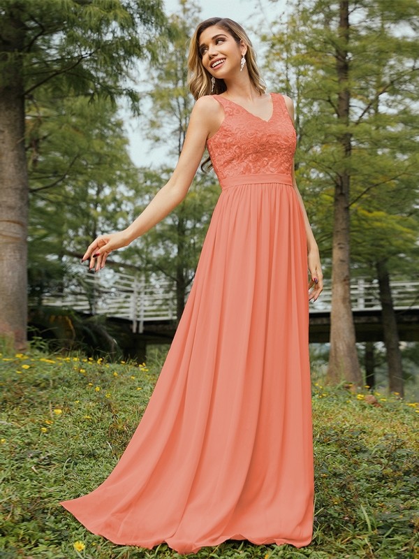 A-Line/Princess Chiffon Lace V-neck Sleeveless Floor-Length Bridesmaid Dresses 2152