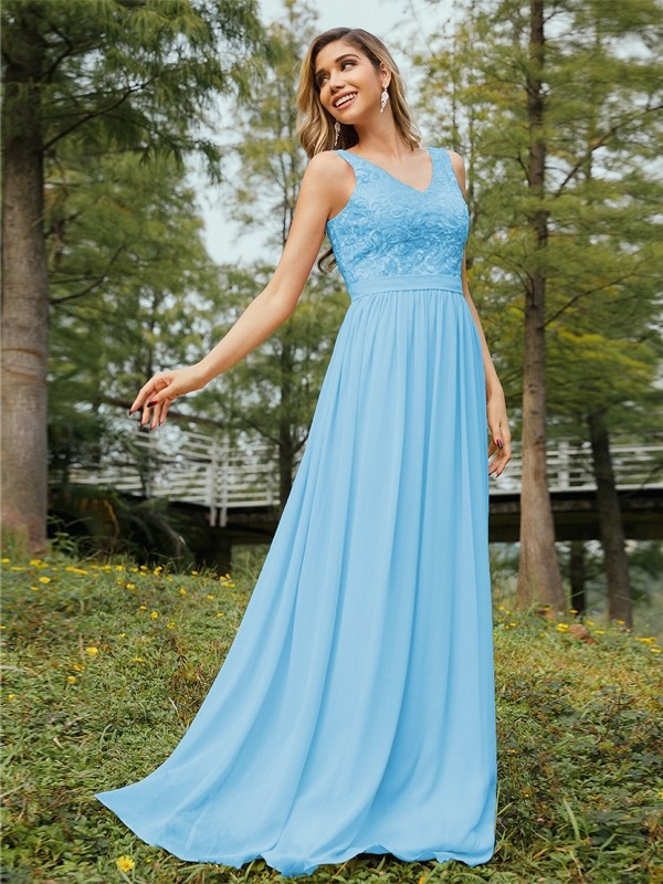 A-Line/Princess Chiffon Lace V-neck Sleeveless Floor-Length Bridesmaid Dresses 2152