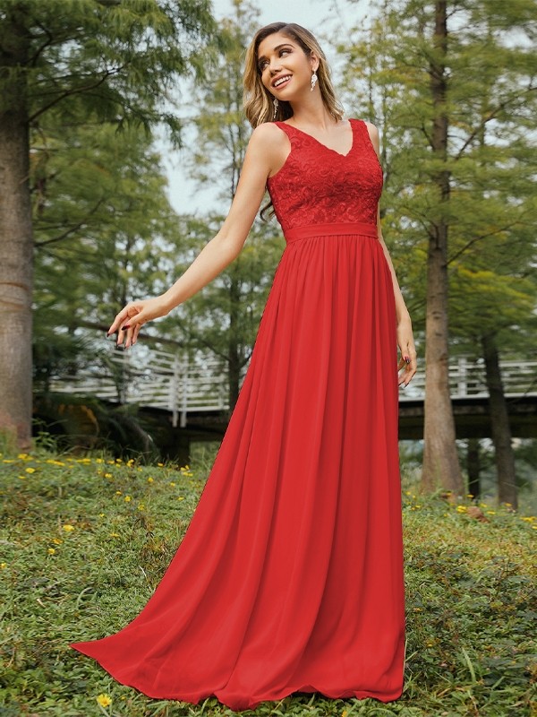 A-Line/Princess Chiffon Lace V-neck Sleeveless Floor-Length Bridesmaid Dresses 2152