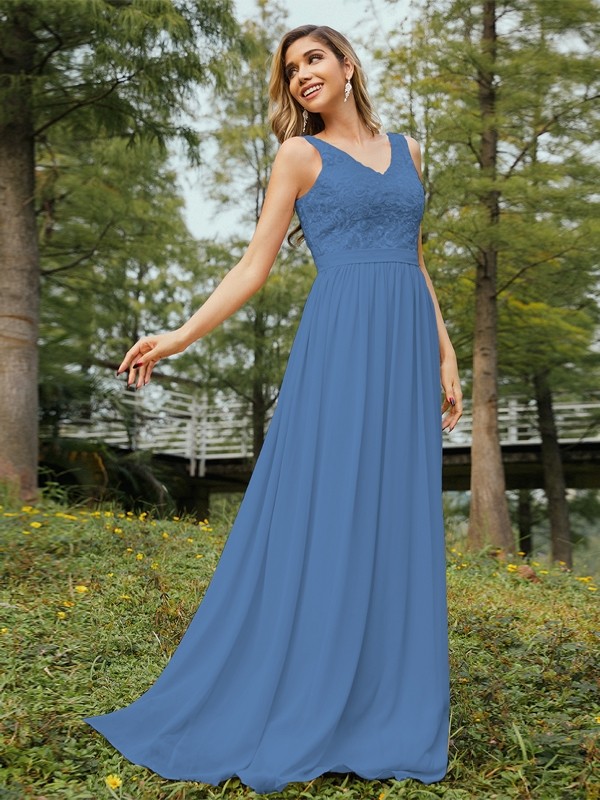 A-Line/Princess Chiffon Lace V-neck Sleeveless Floor-Length Bridesmaid Dresses 2152