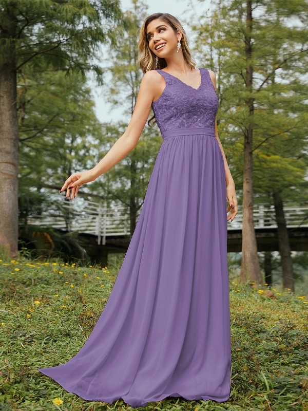 A-Line/Princess Chiffon Lace V-neck Sleeveless Floor-Length Bridesmaid Dresses 2152