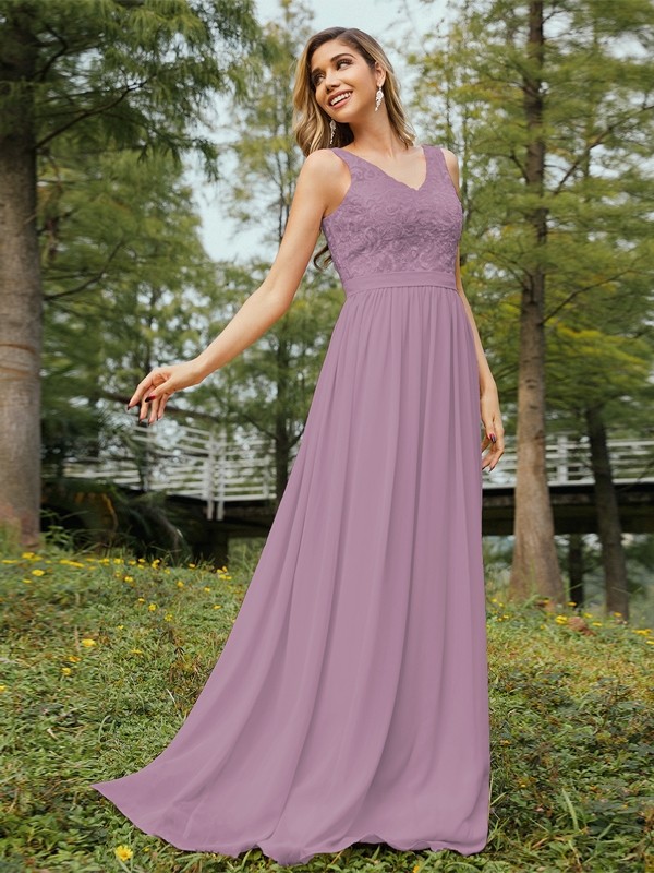 A-Line/Princess Chiffon Lace V-neck Sleeveless Floor-Length Bridesmaid Dresses 2152