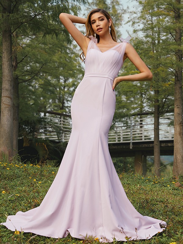 Trumpet/Mermaid Stretch Crepe Ruched V-neck Sleeveless Sweep/Brush Train Bridesmaid Dresses 3289