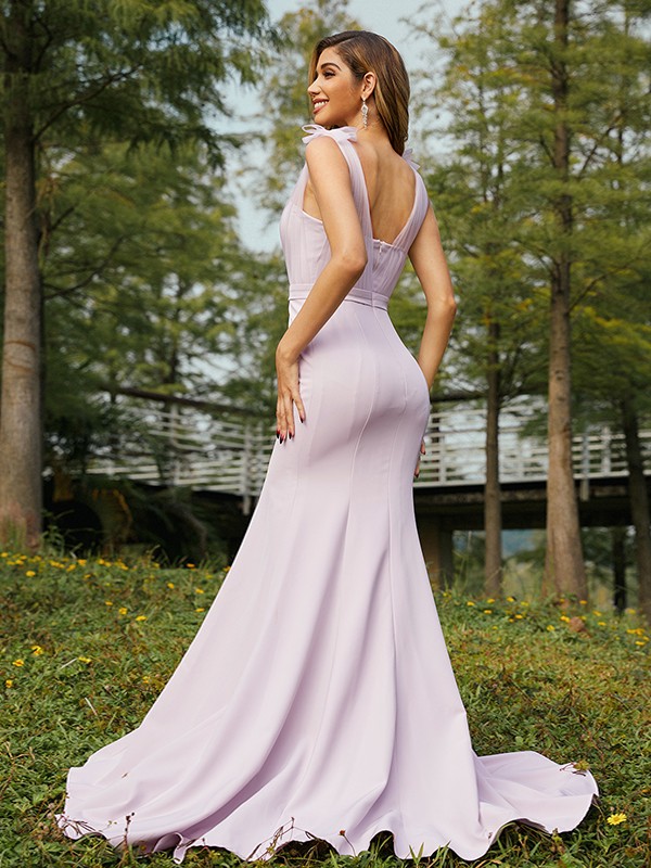 Trumpet/Mermaid Stretch Crepe Ruched V-neck Sleeveless Sweep/Brush Train Bridesmaid Dresses 3289