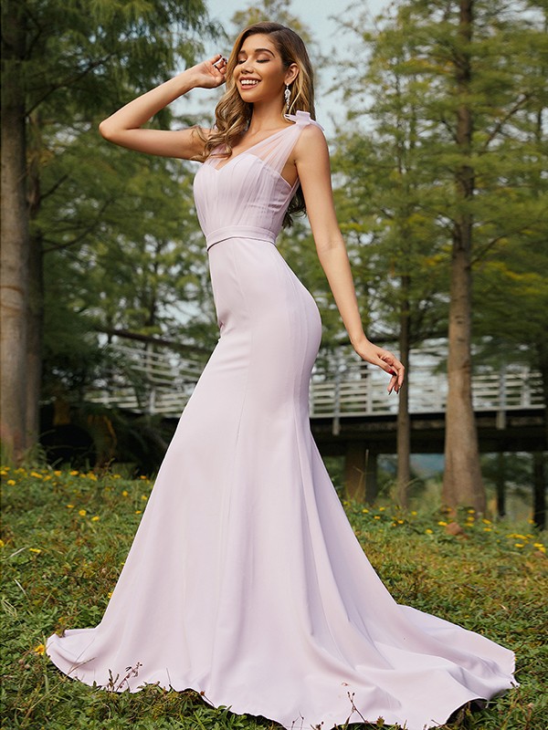 Trumpet/Mermaid Stretch Crepe Ruched V-neck Sleeveless Sweep/Brush Train Bridesmaid Dresses 3289