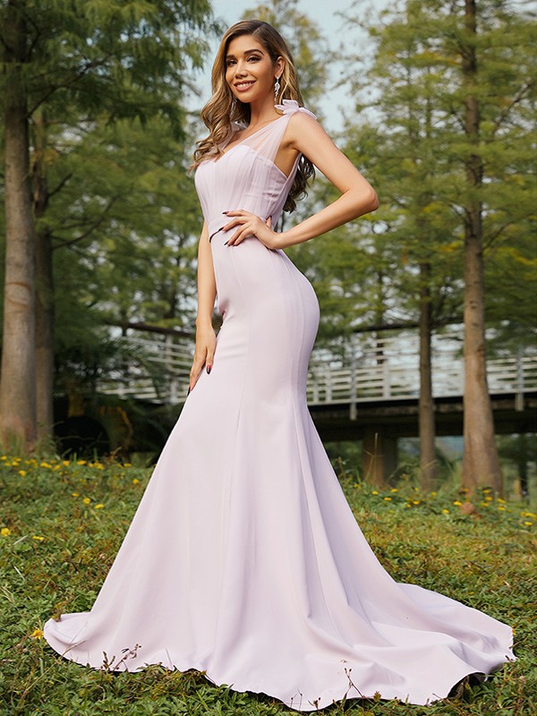 Trumpet/Mermaid Stretch Crepe Ruched V-neck Sleeveless Sweep/Brush Train Bridesmaid Dresses 3289