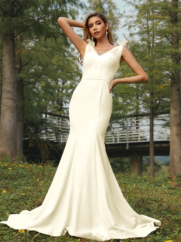 Trumpet/Mermaid Stretch Crepe Ruched V-neck Sleeveless Sweep/Brush Train Bridesmaid Dresses 3289