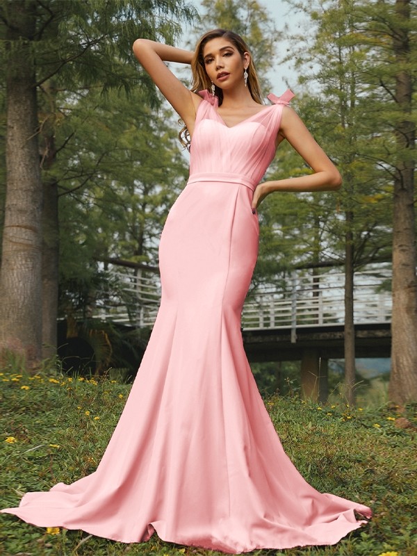 Trumpet/Mermaid Stretch Crepe Ruched V-neck Sleeveless Sweep/Brush Train Bridesmaid Dresses 3289