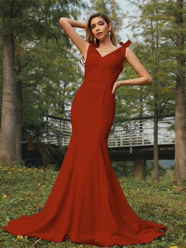 Trumpet/Mermaid Stretch Crepe Ruched V-neck Sleeveless Sweep/Brush Train Bridesmaid Dresses 3289