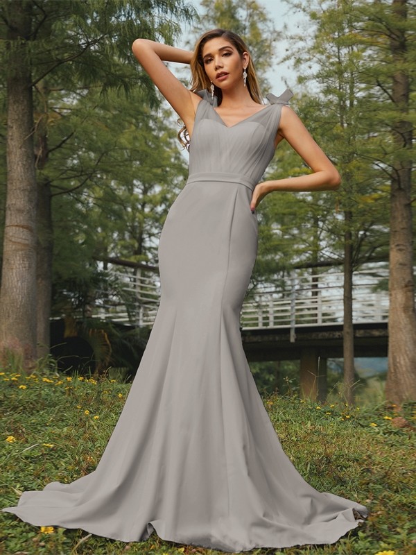 Trumpet/Mermaid Stretch Crepe Ruched V-neck Sleeveless Sweep/Brush Train Bridesmaid Dresses 3289