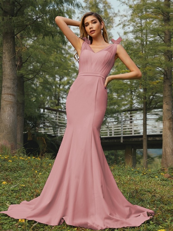 Trumpet/Mermaid Stretch Crepe Ruched V-neck Sleeveless Sweep/Brush Train Bridesmaid Dresses 3289