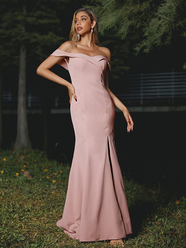 Sheath/Column Stretch Crepe Ruffles Off-the-Shoulder Sleeveless Sweep/Brush Train Bridesmaid Dresses 3188