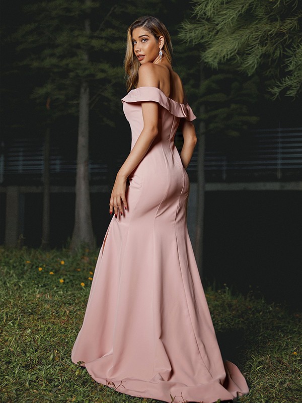 Sheath/Column Stretch Crepe Ruffles Off-the-Shoulder Sleeveless Sweep/Brush Train Bridesmaid Dresses 3188