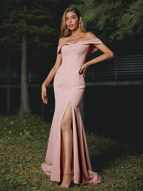 Sheath/Column Stretch Crepe Ruffles Off-the-Shoulder Sleeveless Sweep/Brush Train Bridesmaid Dresses 3188