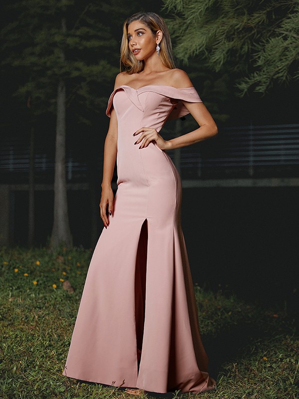 Sheath/Column Stretch Crepe Ruffles Off-the-Shoulder Sleeveless Sweep/Brush Train Bridesmaid Dresses 3188