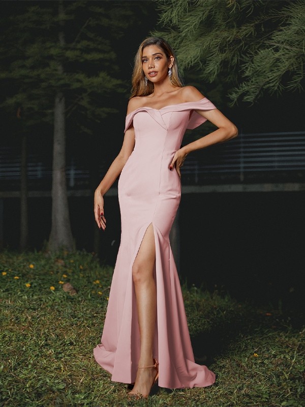 Sheath/Column Stretch Crepe Ruffles Off-the-Shoulder Sleeveless Sweep/Brush Train Bridesmaid Dresses 3188