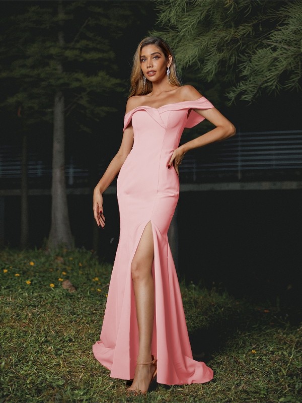 Sheath/Column Stretch Crepe Ruffles Off-the-Shoulder Sleeveless Sweep/Brush Train Bridesmaid Dresses 3188