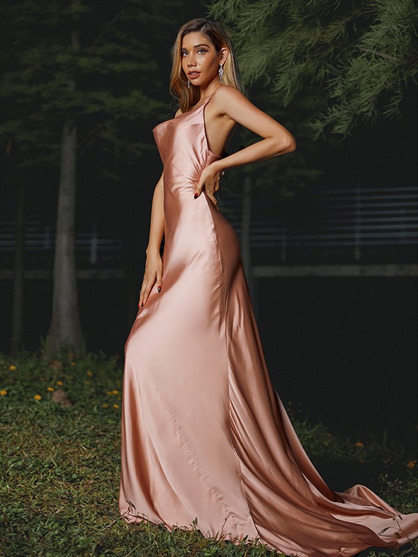 Sheath/Column NS Elastic Woven Satin Ruched Spaghetti Straps Sleeveless Sweep/Brush Train Bridesmaid Dresses 2887