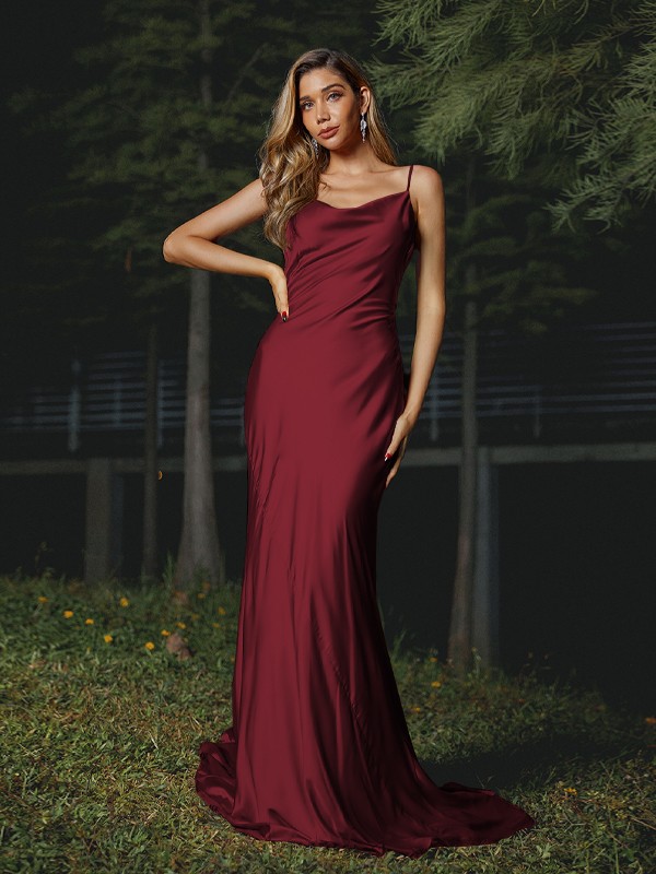 Sheath/Column NS Elastic Woven Satin Ruched Spaghetti Straps Sleeveless Sweep/Brush Train Bridesmaid Dresses 2887