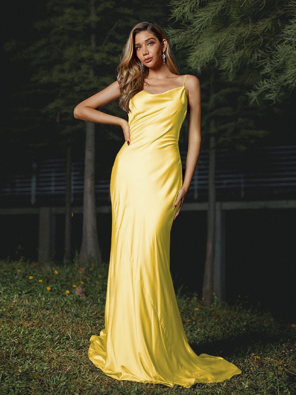 Sheath/Column NS Elastic Woven Satin Ruched Spaghetti Straps Sleeveless Sweep/Brush Train Bridesmaid Dresses 2887