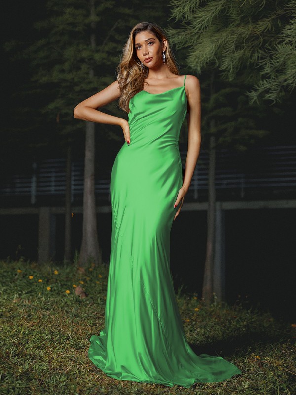 Sheath/Column NS Elastic Woven Satin Ruched Spaghetti Straps Sleeveless Sweep/Brush Train Bridesmaid Dresses 2887