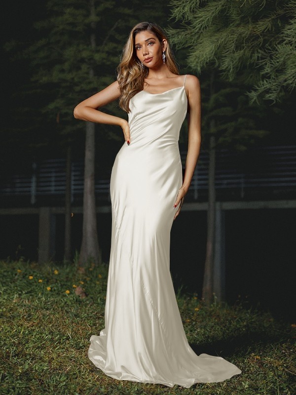 Sheath/Column NS Elastic Woven Satin Ruched Spaghetti Straps Sleeveless Sweep/Brush Train Bridesmaid Dresses 2887