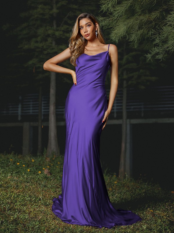 Sheath/Column NS Elastic Woven Satin Ruched Spaghetti Straps Sleeveless Sweep/Brush Train Bridesmaid Dresses 2887