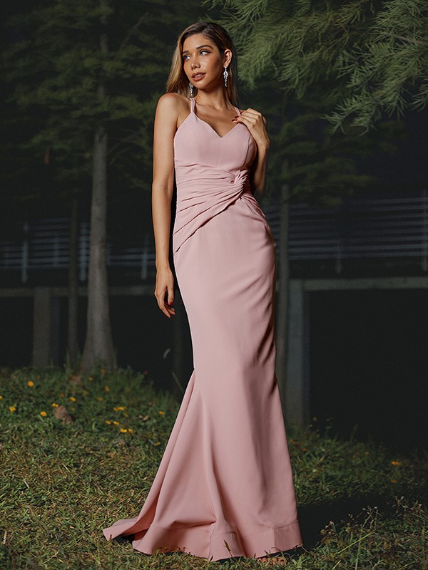 Sheath/Column Stretch Crepe Ruched V-neck Sleeveless Floor-Length Bridesmaid Dresses 3183