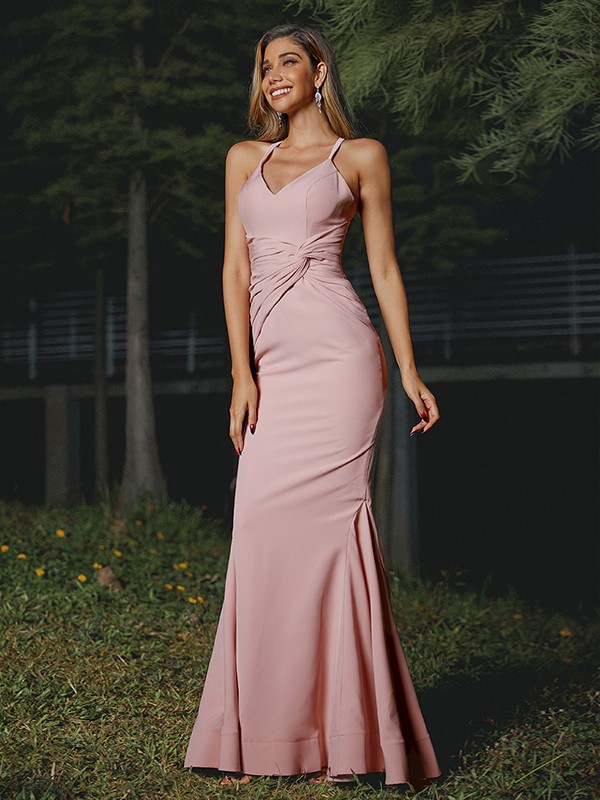 Sheath/Column Stretch Crepe Ruched V-neck Sleeveless Floor-Length Bridesmaid Dresses 3183