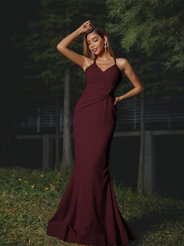 Sheath/Column Stretch Crepe Ruched V-neck Sleeveless Floor-Length Bridesmaid Dresses 3183