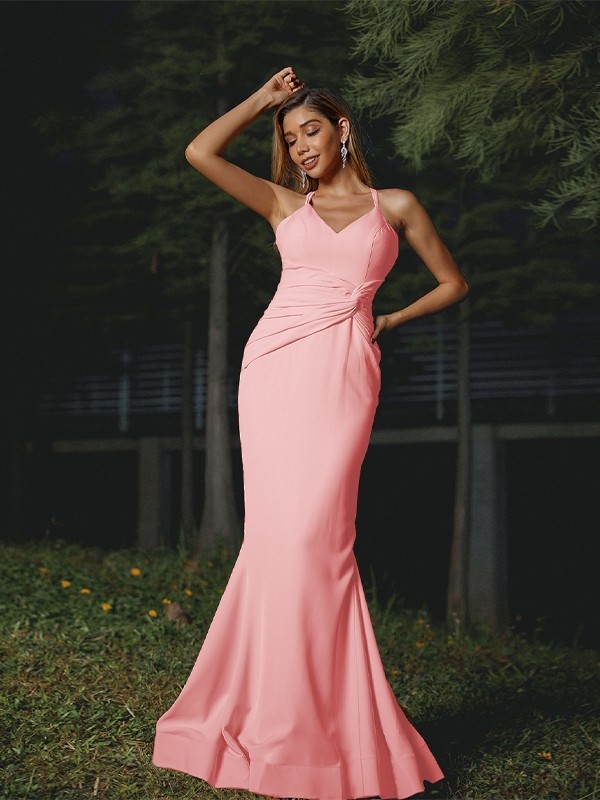 Sheath/Column Stretch Crepe Ruched V-neck Sleeveless Floor-Length Bridesmaid Dresses 3183