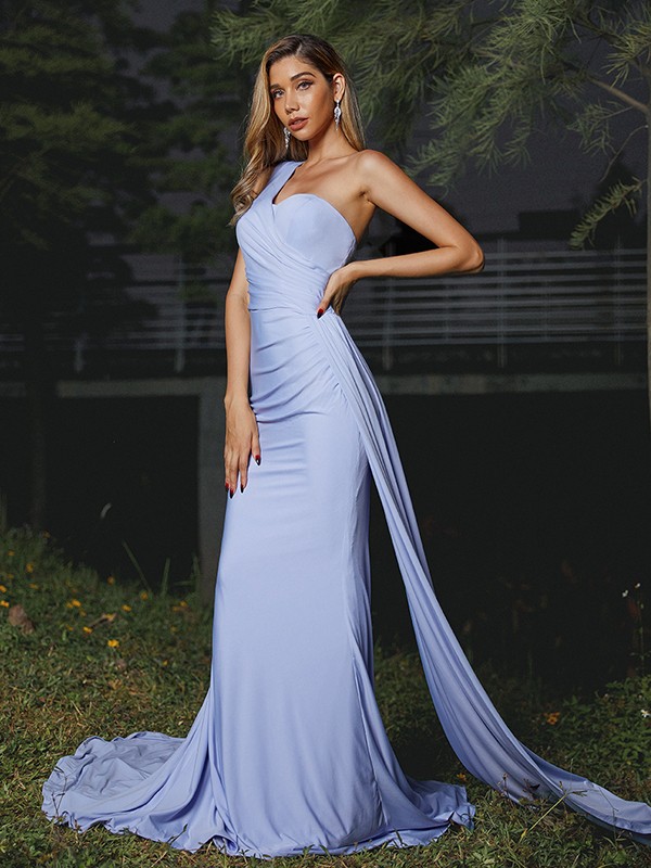 Sheath/Column Jersey Ruched One-Shoulder Sleeveless Sweep/Brush Train Bridesmaid Dresses 2963