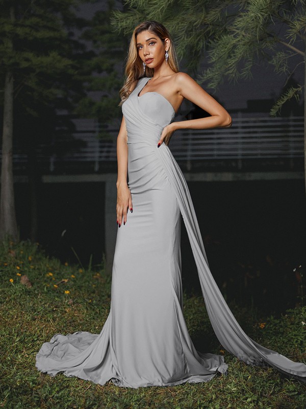 Sheath/Column Jersey Ruched One-Shoulder Sleeveless Sweep/Brush Train Bridesmaid Dresses 2963